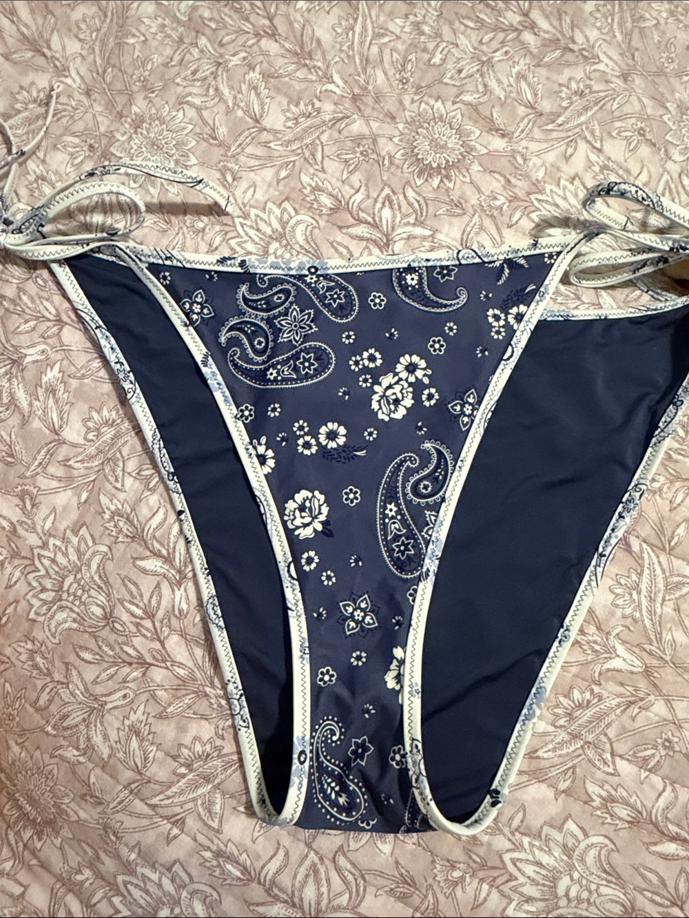 aerie Navy and White Paisley Tie-Side Bikini Bottoms - Picture 1 of 1